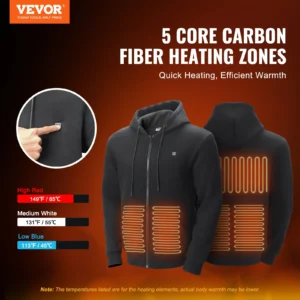 VEVOR Heated Hoodie, Unisex Heated Sweatshirt with Battery Pack 7.4V, Zip Up Electric Jacket with 5 Heating Zones for Men & Women, Lightweight Warm Heated Outdoor Pullover for Camping, M Size Black