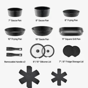 17 Piece Pots and Pans Set Granite Nonstick Kitchen Cookware Induction Black