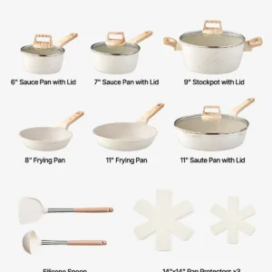 17 Piece Pots and Pans Set Granite Nonstick Kitchen Cookware Induction White