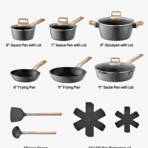 17 Piece Pots and Pans Set Granite Nonstick Kitchen Cookware Induction Black